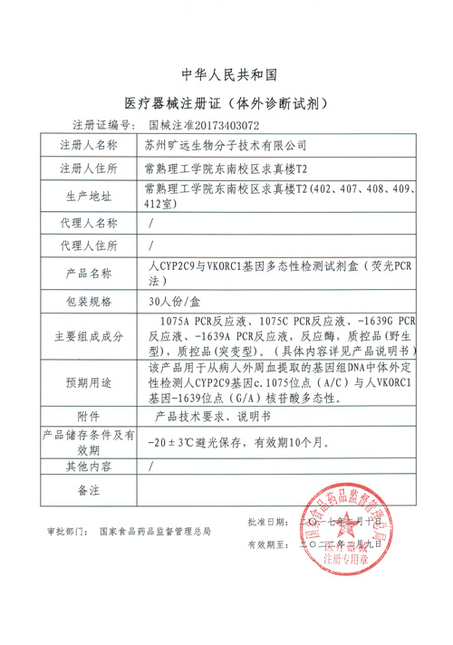 喜讯！！！苏州玩彩网生物CYP2C9与VKORC1项目喜获Ⅲ类医疗器械注册证
